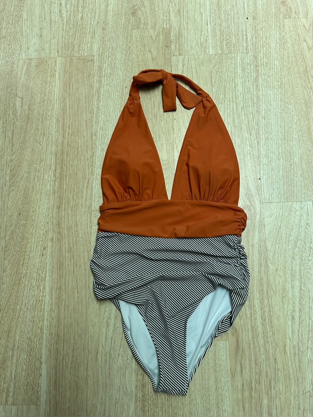 Rust & Black-White Stripe Halter One-Piece Swimsuit - Womens Cupshe